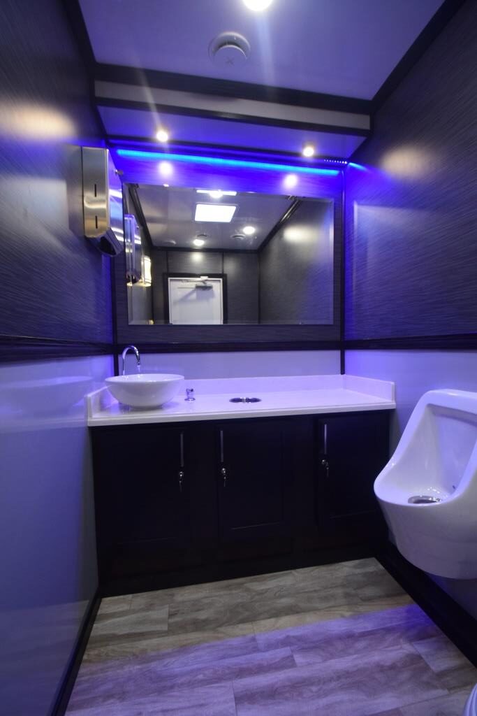 Luxury 2 station portable restroom trailer blue accents